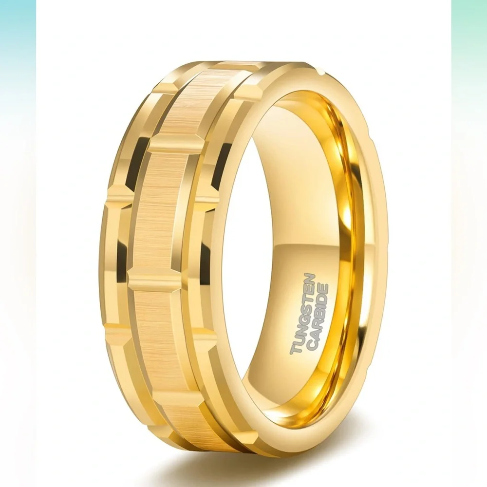TRUMIUM 8mm Mens Tungsten Wedding Band Silver/Gold/Black Brick Pattern